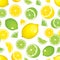 Vector seamless background of citrus products - lemon and lime on white background. Whole fruits and slices.