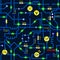 Vector seamless background of electrical circuit of radio device resistance, transistor, diode, capacitor, inductor.