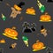 Vector seamless background Halloween kit scarecrow, pumpkins, candles, graves and cross