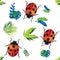 Vector seamless background with ladybugs and colorful leaves. For design cards and fabrics