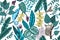 Vector seamless background with tropical plants, insects and animals. Exotic jungle repeating pattern with chameleon, tarsier,