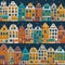 Vector seamless background with a winter European town. Hand drawn colorful houses with falling snow.