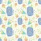 Vector seamless birthday pattern with cartoon cat. Cupcakes with candles, serpentine, tinsel. Pattern for paper for gift wrapping