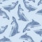 Vector seamless blue dolphin pattern with hand drawn dolphin doodle illustrations