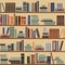 Vector seamless bookshelf pattern, random books on shelves, beige background