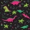 Vector seamless childish pattern with colorful dinosaurs black b