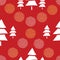 Vector seamless christmass pattern red and orange polka dot pompoms on red background with white snowy christmass tree