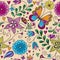 Vector seamless colorful floral valentines pattern with hearts and dotty butterflies