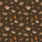 Vector seamless cute autumn pattern with pumpkins, foliage, books, candles, pie, mushrooms, teapots, cups of coffee and cocoa