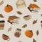 Vector seamless cute autumn pattern with pumpkins, foliage, books, cups of coffee and cocoa