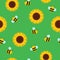 Vector seamless cute pattern bees and sunflowers on green background