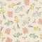 Vector seamless cute pattern with elephants, birds in soft pastel colors, yellow, mint, pink, coral. Perfect for baby