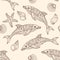 Vector seamless dolphin pattern with hand drawn doodle illustrations.