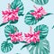 Vector seamless fashionable graphical free hand drawing hibiscus flowers with palm tree monstera leaves print on mint background.