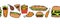 Vector seamless fast food border in flat style. horizontal strip drawn in doodle pizza, burger, sandwich, shawarma, chicken leg,