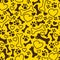 Vector seamless flat hand drawn dog pattern with bones, hearts, paw trace different sizes isolated on yellow background.