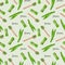 Vector seamless flat lay pattern of pandan leaves, shredded pandan spices in wooden spoon and wrapped leaves on green background
