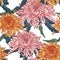 Vector seamless floral pattern. Japanese national flower pink orange chrysanthemum.