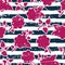 Vector seamless floral pattern, watercolor blue stripes and pink