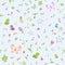 Vector seamless floral spring pattern with abstract flowers, tulips, snowdrops, butterflies and bees