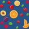 Vector seamless fruit pattern, oranges, gooseberries, strawberries, plums, cherries, raspberries, apricots.