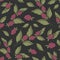 Vector seamless fruity pattern with raspberries on foliate twigs on black background.