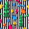 Vector seamless geometric pattern. 3d stylized Christmas and New Year icons on striped background.