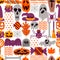 Vector seamless Halloween pattern. Doodle pumpkin, skull, witch hat, bones on white background.