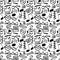 Vector seamless hand-drawn pattern with ovals, swirls, stripes, rectangular shape, crown, lips, zigzag, play button