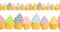 Vector seamless horisontal border with easter cupcakes. Happy Easter ornaments and decorative elements