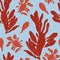 Vector seamless marine pattern with Ulva lactuca seaweed. Edible red algae isolated on blue background.