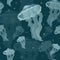 Vector seamless marine pattern. Underwater world with transparent blue poisonous jellyfish with tentacles