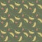 Vector seamless ornament fruits yellow bananas, red strawberry patterns and green spirals with dots on a green olive dark backgrou