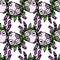 vector seamless owl pattern with a floral pattern. a pattern of a hand-drawn lilac funny owl with berries and green