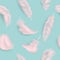 Vector Seamless Pattern with 3d Realistic Different Falling Pink Fluffy Twirled Feather on Blue Background. Design