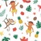 Vector seamless pattern with African or Papuan boy, birds, flowers, fruits, monkey. Cute tropical, jungle, exotic digital paper.