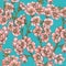 Vector seamless pattern with almond blossom in blue background. Hand drawn texture with apple tree flowers in engraving style.