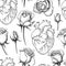 Vector seamless pattern with anatomical human heart and botanical roses.