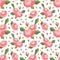 Vector seamless pattern with angular stylized pink flowers and leaves. Soft colors. Simple cute design background.