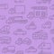 A vector seamless pattern with auto doodle outline images. A firefighting truck, a truck and other machines in purple halftones