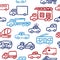A vector seamless pattern with auto doodle outline images. A firefighting truck, a truck and other machines in red and blue colors