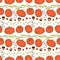 Vector seamless pattern of autumn harvest symbols: pumpkins, wheat ears, berries, mushrooms in flat doodle style