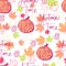 vector seamless pattern autumn leaves and pumpkin with lettering autumn time background. Autumn clip art hand painted, isolated.