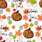 vector seamless pattern autumn leaves and pumpkin with lettering autumn time background. Autumn clip art hand painted, isolated.