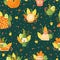 Vector seamless pattern with autumns cozy object and falls leaves and floral. Bright repeated texture for fall season.