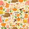 Vector seamless pattern with autumns cozy object and falls leaves and floral. Bright repeated texture for fall season.