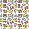 Vector seamless pattern with baby objects. Newborn clothes and accessories background in doodle style