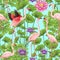 Vector seamless pattern, background with flamingo and tropical plants