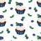 Vector seamless pattern,background,texture with bluberry cupcake, berries and leaves. Nice dessert print