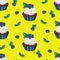 Vector seamless pattern,background,texture with bluberry cupcake, berries and leaves. Nice dessert print
